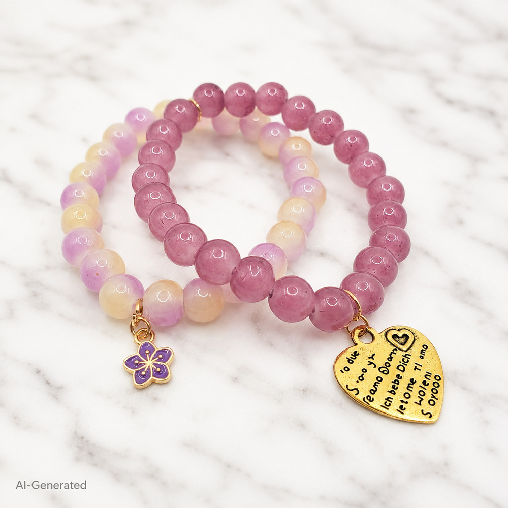 Pink Bracelet Stack, Purple Flower Charm Bracelet, Coquette Beaded Bracelets - Picture 9 of 12